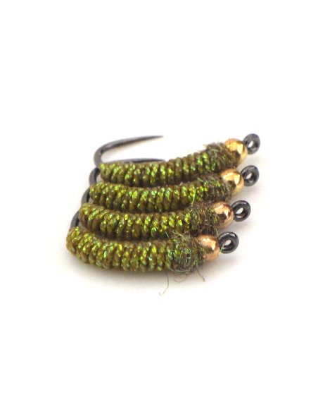 UV caddis " GOLDEN OLIVE " [ Hameçon N°10 sans ardillon ]