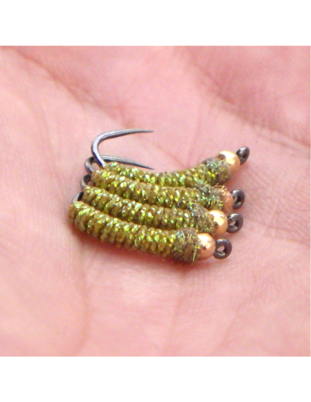 UV caddis " GOLDEN OLIVE " [ Hameçon N°10 sans ardillon ]
